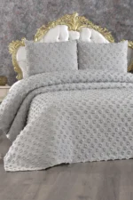 Melisa 3 Parça Çift Kişilik Pike Takımı Ponpon Desenli Gri