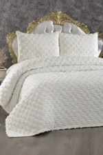 Melisa 3 Parça Çift Kişilik Pike Takımı Ponpon Desenli Krem