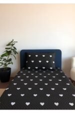Kalpli Yatak Örtüsü Siyah Zemin Beyaz Kalpli - Görsel 8