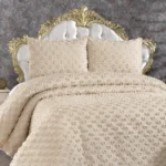 Melisa 3 Parça Çift Kişilik Pike Takımı Ponpon Desenli Sütlü Kahve