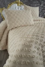 Melisa 3 Parça Çift Kişilik Pike Takımı Ponpon Desenli Sütlü Kahve - Görsel 2